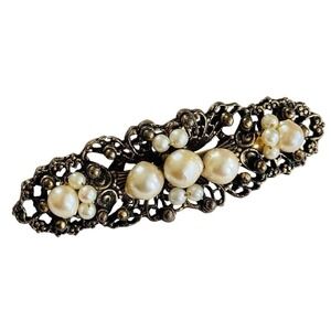 VTG Baroque Pearl Signed Yvonne Bar Pin Brooch Beads Filigree Victorian revival